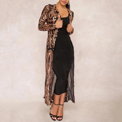 Women's Long Coat Sexy Sequin Perspective Long Sleeve Maxi Coat Gown Cardigan Vintage Evening Party Open Blouse кардиган женский