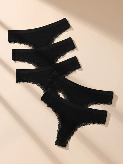 5Pcs Women Thongs Sexy Lace Panties Low Waist Underwear Girls Briefs G-String Breathable Ladies Panty Black Female Lingerie S-XL