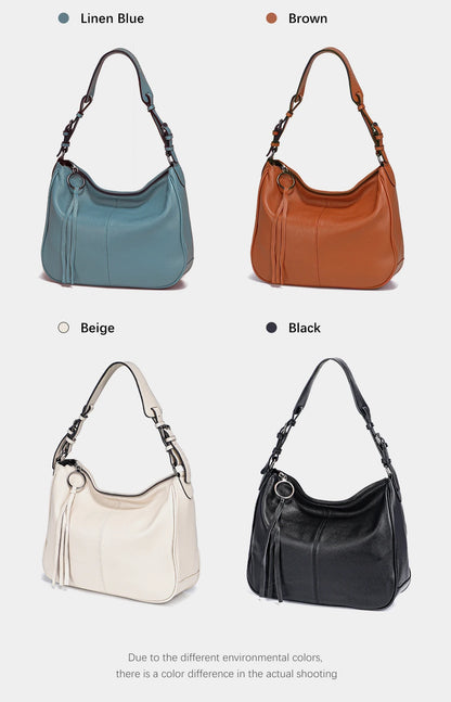 Zency Genuine Leather Hobo Bag Women Simple Classic Casual Handbag Shoulder Tote Soft Crossbody Large Pockets Tassel Bags