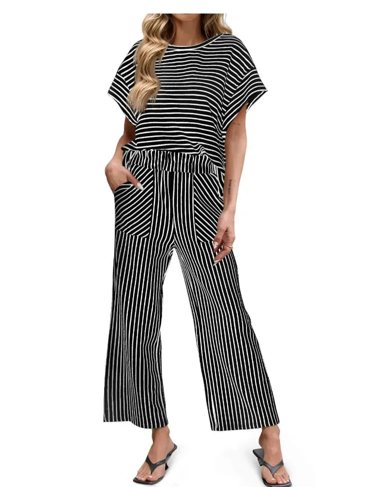 2026 New Women Pants Set Striped Casual Loose Fashion Comfortable Niche Round Neck Elastic Waist Daily Commuter Style Pants Set