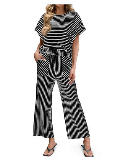 2026 New Women Pants Set Striped Casual Loose Fashion Comfortable Niche Round Neck Elastic Waist Daily Commuter Style Pants Set