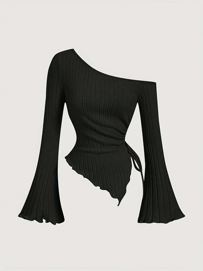 women's New off shoulder cross long sleeved slim fit casual street style asymmetrical elegant T-shirt trumpet sleeve top