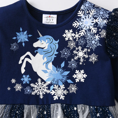 DXTON Christmas Girls Dress 2024 New Year Party Princess Tutu Dress Unicorn Toddler Cotton Dress Snowflake Print Winter Clothing