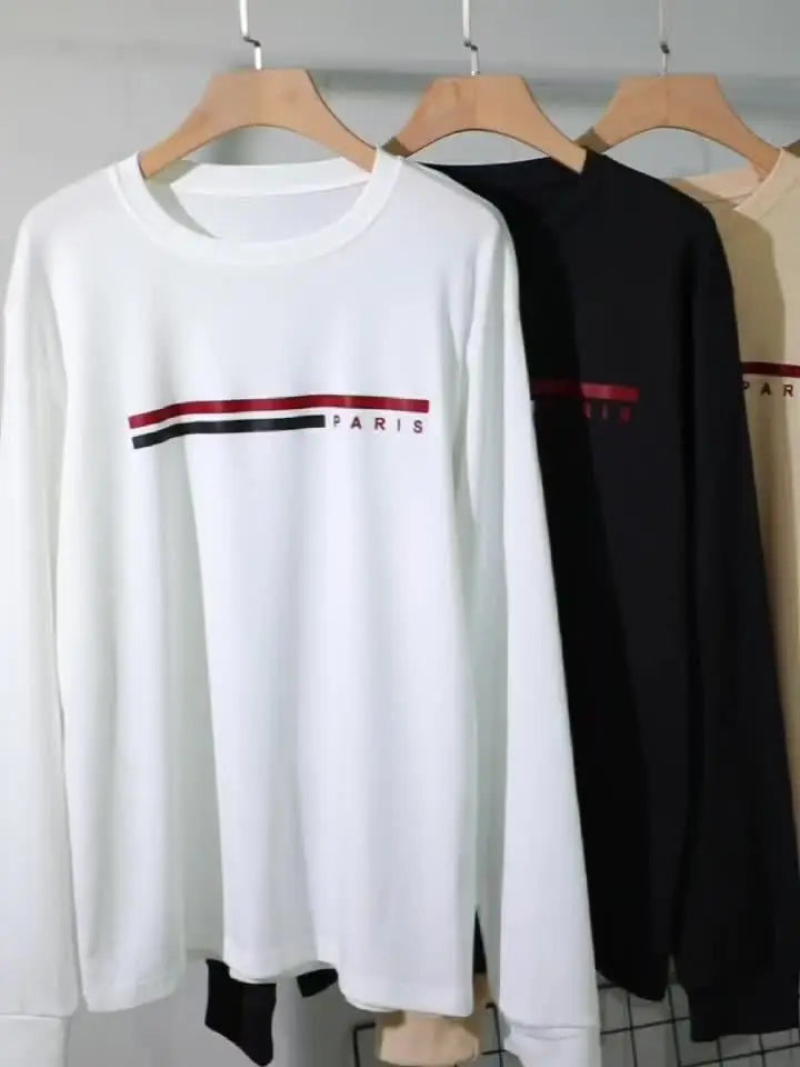 Men's 100% pure cotton summer loose comfortable casual  PARIS print large round neck long sleeve T-shirt top