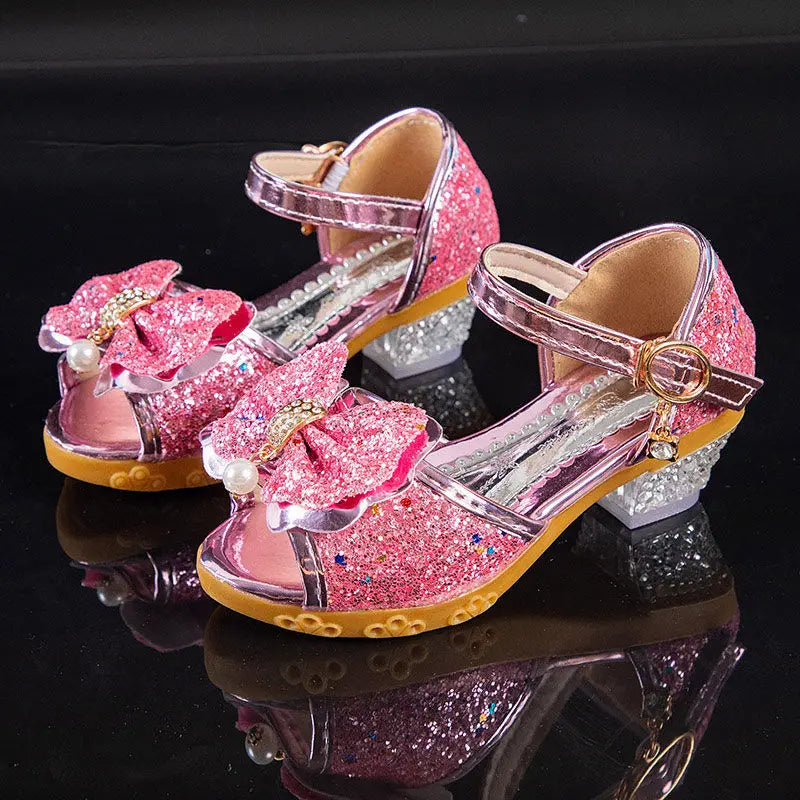 Girls Sandals Summer 2021  New Children's Princess Shoes Little Girls High-heeled Bow-knot Crystal Sandals Party Dress Wedding