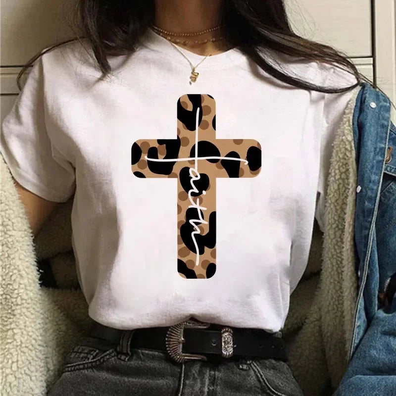 Leopard Print Simple Round Neck Lovely Woman Harajuku Graphic T Shirts Tops Summer Fashion Harajuku Sleeve Aesthetic Clothes