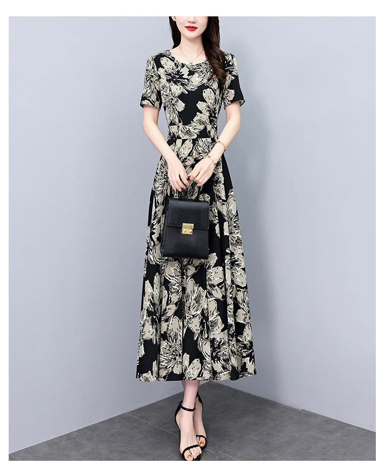 2024 Summer Floral Casual Long Sundress Women Elegant Bodycon Party Chic Prom Night Dresses Fashion Vintage Black Luxury Clothes