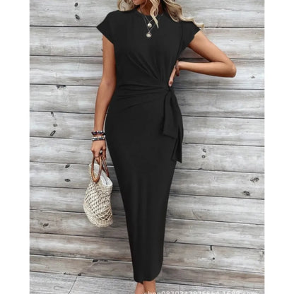 Summer New Long Dress Elegant Waist Strap Fashionable Striped Print Round Neck Short Sleeved High-end Women's Dress