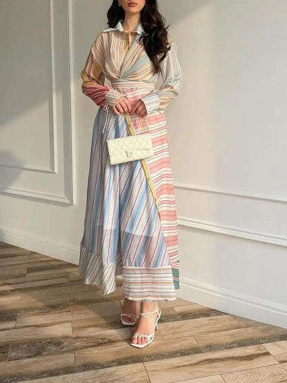 Women Multicolor Striped Maxi Dress Collared Waist Belt Wrap Long Sleeve Ruffle Hem Casual Summer Dress 2026 Trendy Lady Robe
