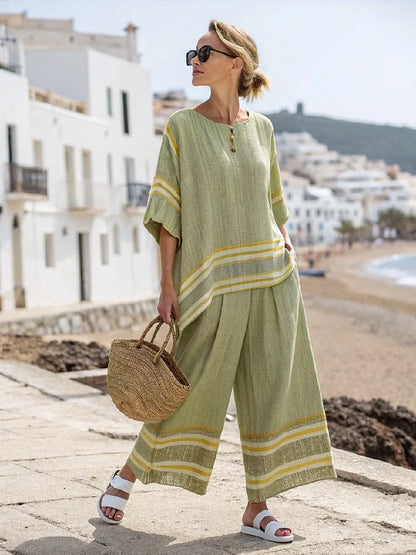 Retro Vacation Printed Striped 2Piece Set Half Sleeve Oversize Pullover Top+Long Pants Casual Women Patchwork Pocket Set Outfits