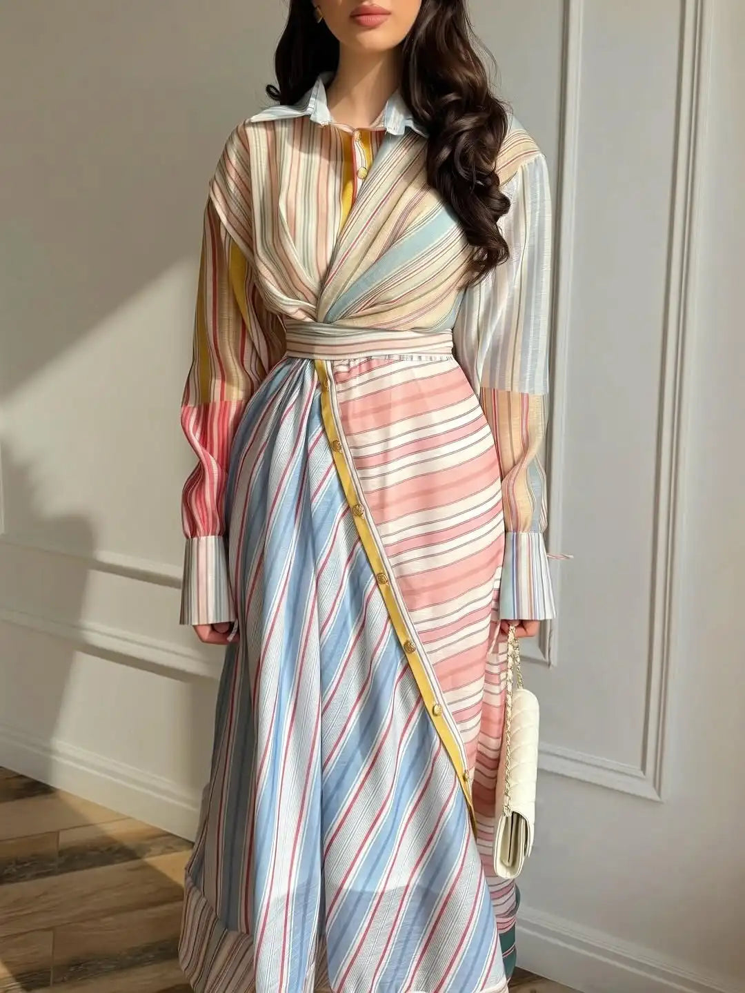 Women Multicolor Striped Maxi Dress Collared Waist Belt Wrap Long Sleeve Ruffle Hem Casual Summer Dress 2026 Trendy Lady Robe