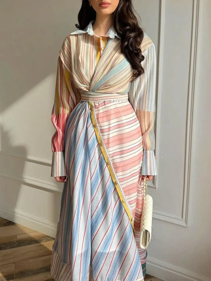 Women Multicolor Striped Maxi Dress Collared Waist Belt Wrap Long Sleeve Ruffle Hem Casual Summer Dress 2026 Trendy Lady Robe