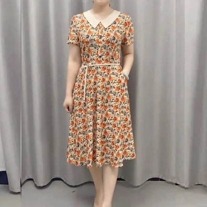 Women’s Vintage Floral Midi Dress – Peter Pan Collar Short Sleeve Button Dress