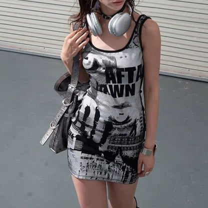 Dress for Women Korean Style Tight Newspaper Printed Dress Summer Hot Girl Suspender Short Skirt Pure Desire Long Sleeved Dress