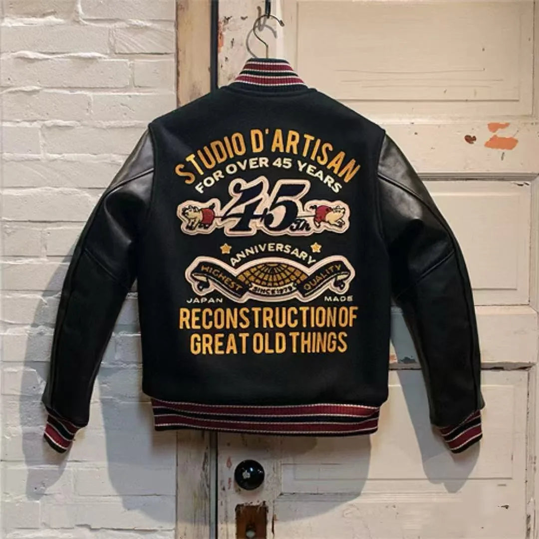 Luxury Embroidered Varsity Jackets Men Spliced PU Leather Sleelves Bomber Jackets Retro Spring Autumn Baseball Uniform Coats
