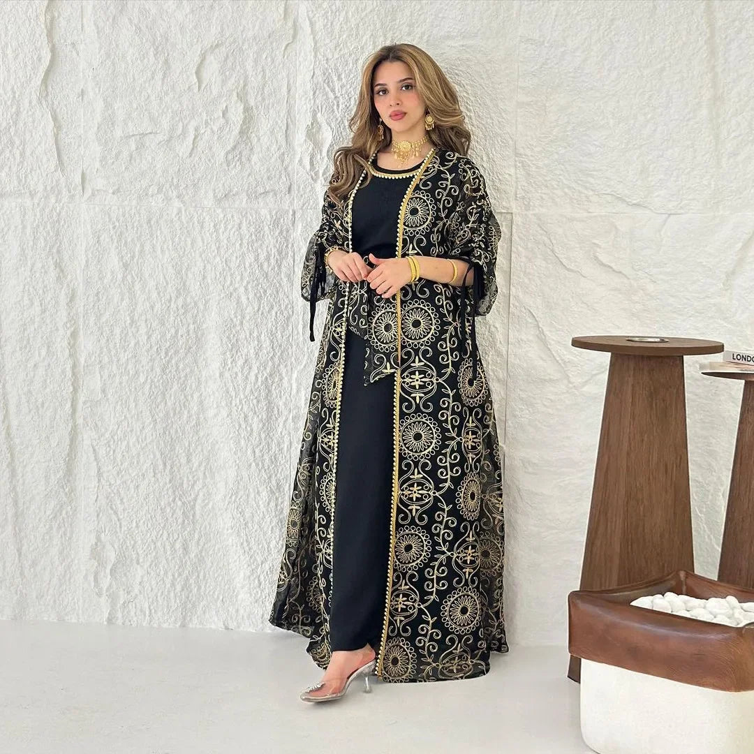 Eid Muslim Abayas for Women Party 2 Piece Set Embroidery Cardigan Robe Lace Up Dress Morocco Kaftan Islam Ramadan Dubai Vestidos