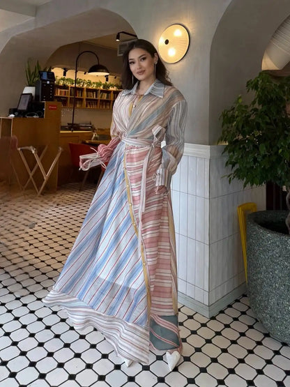 Women Multicolor Striped Maxi Dress Collared Waist Belt Wrap Long Sleeve Ruffle Hem Casual Summer Dress 2026 Trendy Lady Robe