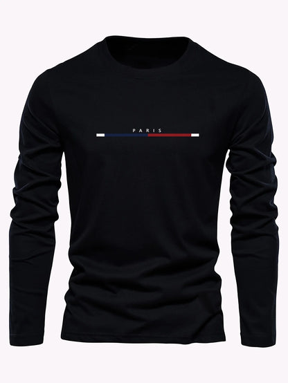 Men's 100% pure cotton summer loose comfortable casual  PARIS print large round neck long sleeve T-shirt top