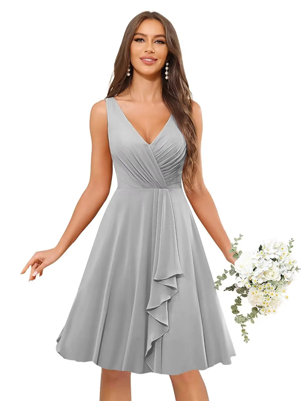 Short Bridesmaid Dresses for Women V-Neck Knee Length Pleated Ruffles Chiffon Evening Gown Evening Dresses Prom Party Dresses
