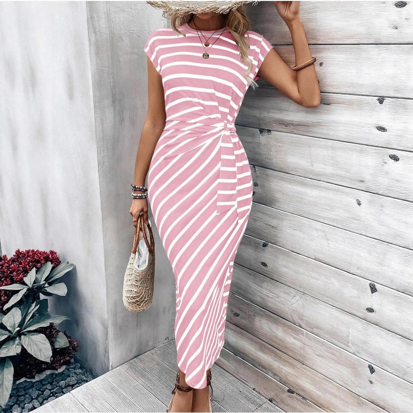 Women's Casual round Neck T-shirt with Waist Strap Short Sleeve Long Bodycon Dress Elastic Waist Other Fabric Other Composition