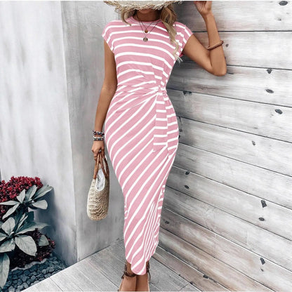 Women's Casual round Neck T-shirt with Waist Strap Short Sleeve Long Bodycon Dress Elastic Waist Other Fabric Other Composition