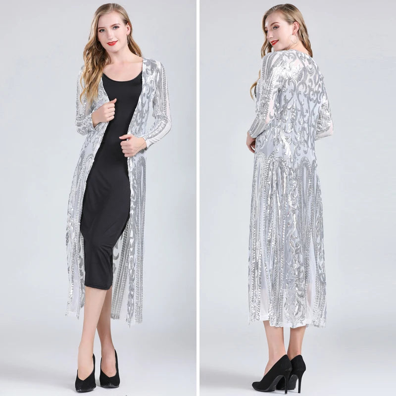 Women Sexy Long Sequin Open Front Mesh Cardigan Embroidery Long Sleeve Blouse Cover Up Coat Evening Prom Party Tops