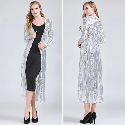 Women Sexy Long Sequin Open Front Mesh Cardigan Embroidery Long Sleeve Blouse Cover Up Coat Evening Prom Party Tops