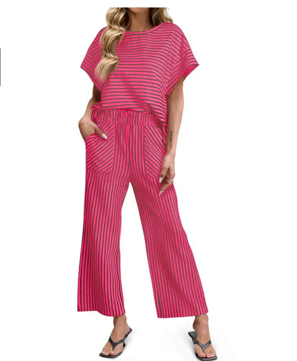 2026 New Women Pants Set Striped Casual Loose Fashion Comfortable Niche Round Neck Elastic Waist Daily Commuter Style Pants Set