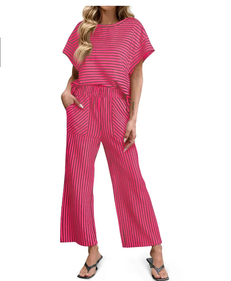 2026 New Women Pants Set Striped Casual Loose Fashion Comfortable Niche Round Neck Elastic Waist Daily Commuter Style Pants Set