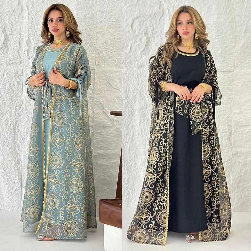 Eid Muslim Abayas for Women Party 2 Piece Set Embroidery Cardigan Robe Lace Up Dress Morocco Kaftan Islam Ramadan Dubai Vestidos
