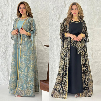 Eid Muslim Abayas for Women Party 2 Piece Set Embroidery Cardigan Robe Lace Up Dress Morocco Kaftan Islam Ramadan Dubai Vestidos