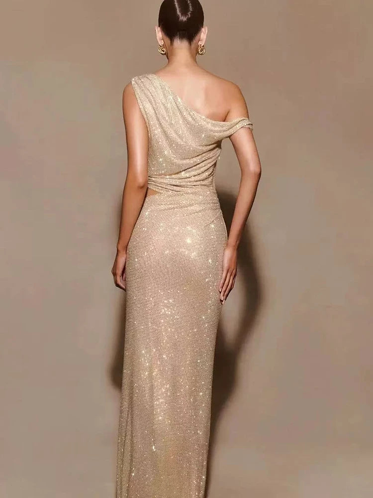 DEAT Fashion Apricot Water Diamond Slanted Shoulder Hollowed Out Sparkling Party Dress Women's Ankle-length Dresses New