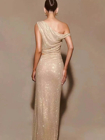 DEAT Fashion Apricot Water Diamond Slanted Shoulder Hollowed Out Sparkling Party Dress Women's Ankle-length Dresses New