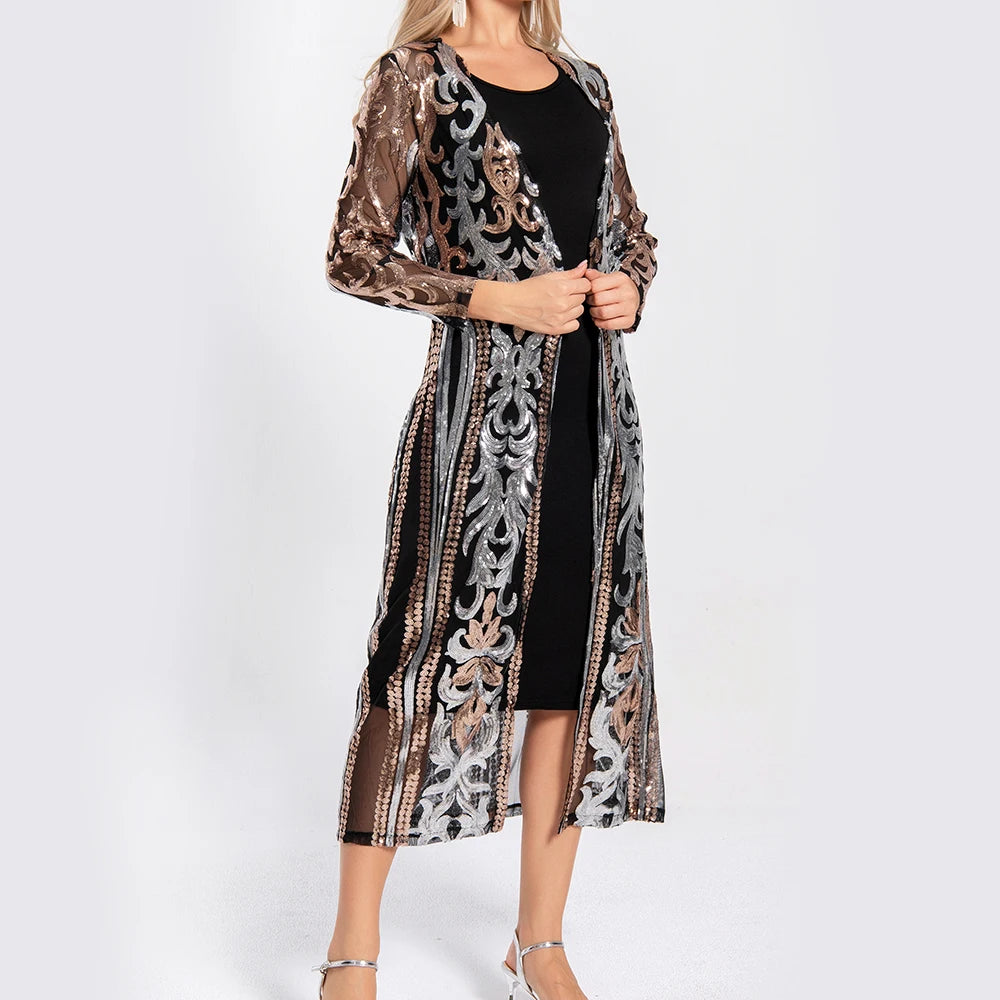 Women Sexy Long Sequin Open Front Mesh Cardigan Embroidery Long Sleeve Blouse Cover Up Coat Evening Prom Party Tops