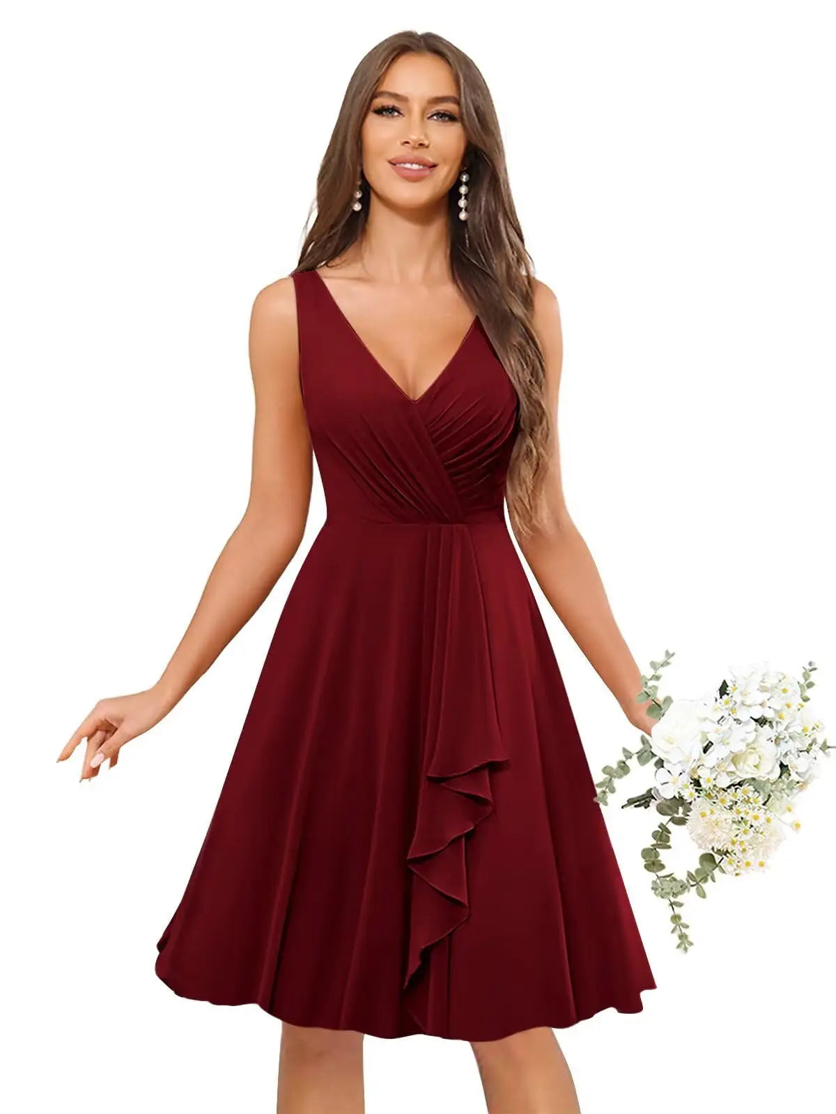 Short Bridesmaid Dresses for Women V-Neck Knee Length Pleated Ruffles Chiffon Evening Gown Evening Dresses Prom Party Dresses