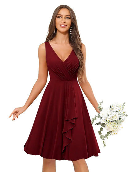 Short Bridesmaid Dresses for Women V-Neck Knee Length Pleated Ruffles Chiffon Evening Gown Evening Dresses Prom Party Dresses