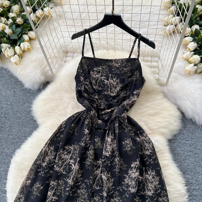 New Korean Fashion Rose Flower Print Romantic Retro Party Dress Summer Elastic High Waist Vacation Long Dress Beach Vestido