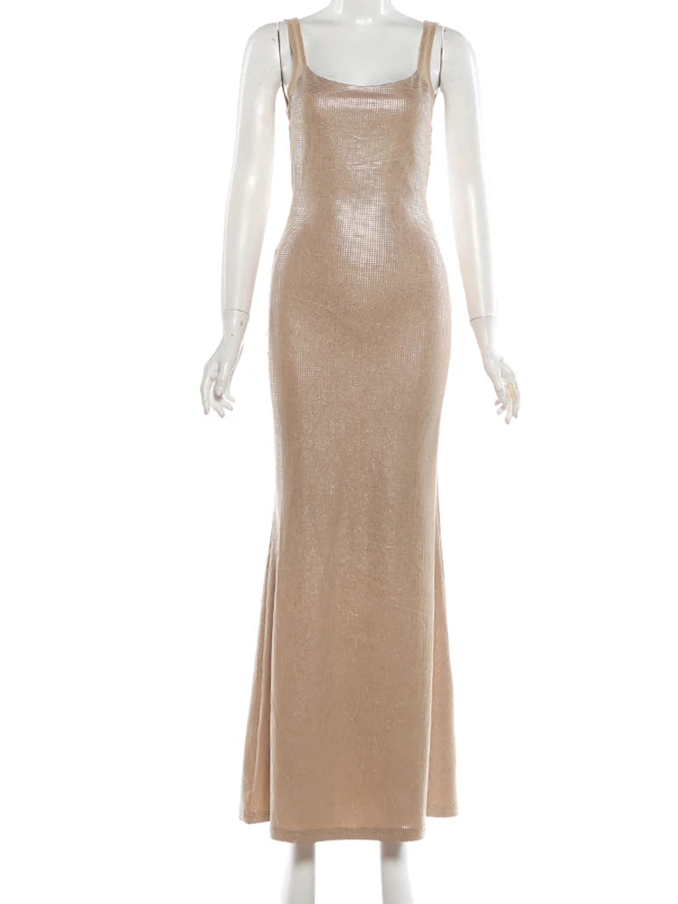 Weird Puss Christmas Backless Sequin Dress Women Sexy Sleeveless Low-Neck Stretch Skinny Elegant Fashion Party Club Maxi Bodycon