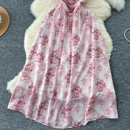 New Korean Fashion Rose Flower Print Romantic Retro Party Dress Summer Elastic High Waist Vacation Long Dress Beach Vestido