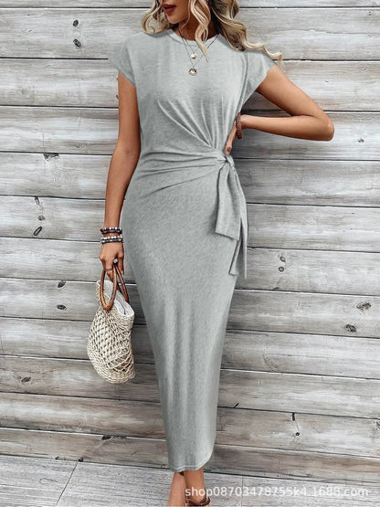 Summer New Long Dress Elegant Waist Strap Fashionable Striped Print Round Neck Short Sleeved High-end Women's Dress