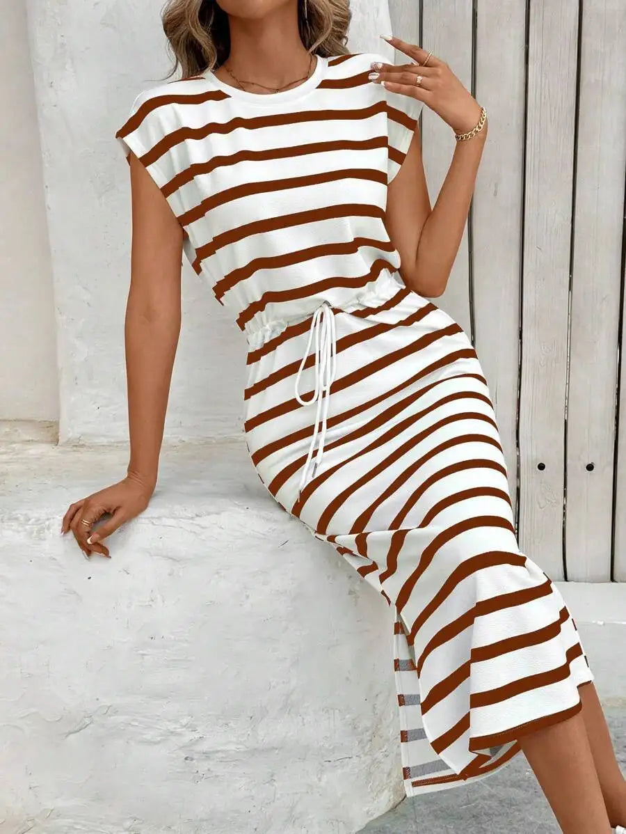 Fashion Ladies Black and White Striped Split Crew Neck Casual Dress White Dress Women Dress Summer Dress