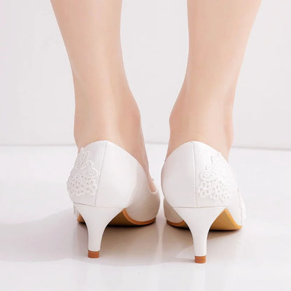 XIHAHA Fashion Women's Crystal Queen White Lace Flower Wedding Shoes Woman Point Toe Slips Lady Dress Flats Sneaker Big Size 43
