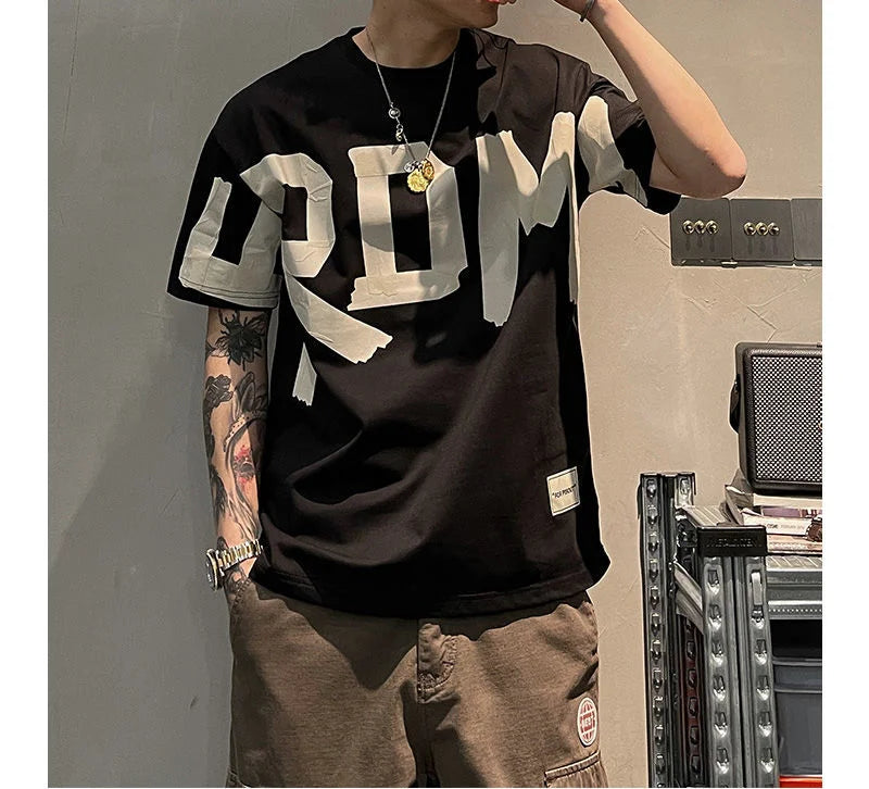 2023 Summer Casual All-match Trend Korean Fashion Short Sleeve Round Neck Solid Color Letter Printed Loose Fashion Youth T-shirt