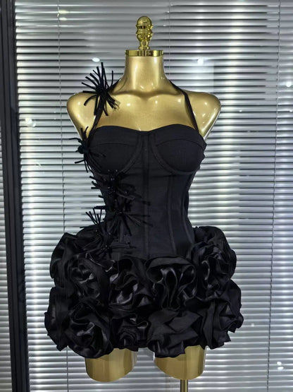 Red Black Women Sexy Halter Full Florals 2 Pieces Bodycon Mini Bandage Dress Celebrate Nightclub Party Birthday Outfit