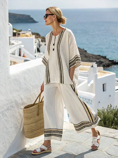 Retro Vacation Printed Striped 2Piece Set Half Sleeve Oversize Pullover Top+Long Pants Casual Women Patchwork Pocket Set Outfits