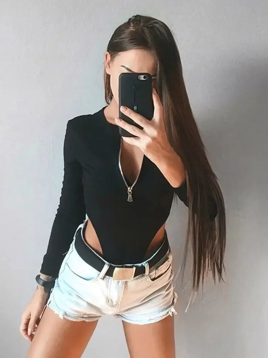 Women Long Sleeve Bodysuits Zip Up Thong Leotard Body Top Summer Fall Sexy Bodysuit Shirts Clubwear