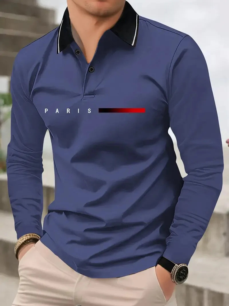 The new men's long-sleeved POLO shirt for Spring and Autumn 2025 featuring street fashion and comfort with 3D letter printing