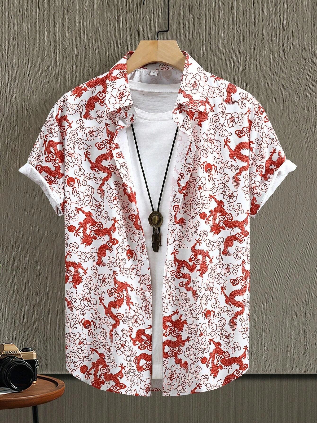 Art Dragon Fashion Print Men's Short Sleeve Shirts Casual Women's Button Up Short Sleeve Tops