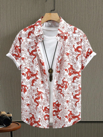 Art Dragon Fashion Print Men's Short Sleeve Shirts Casual Women's Button Up Short Sleeve Tops