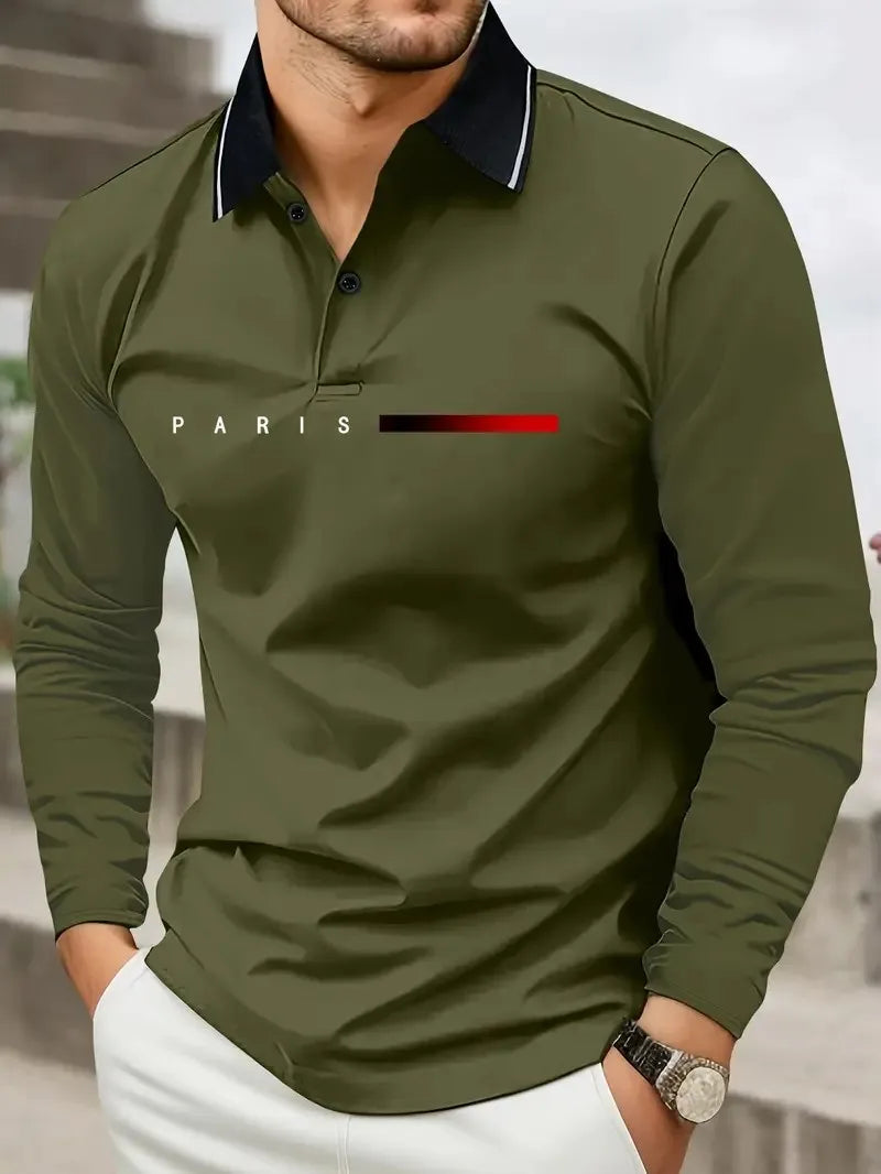 The new men's long-sleeved POLO shirt for Spring and Autumn 2025 is casual and comfortable with 3D letter pattern printing